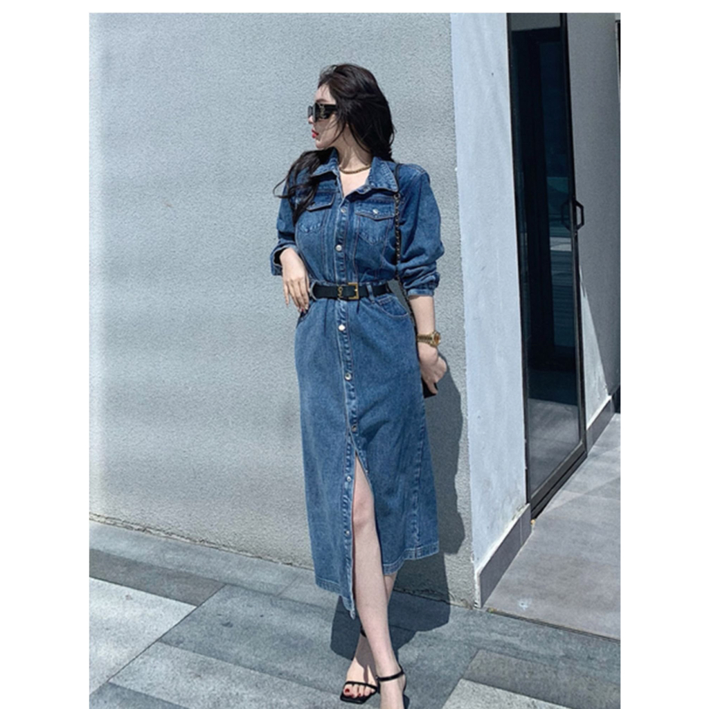 Váy jean body ALY dáng dài cúc bấm cá tính chất liệu bò co dãn