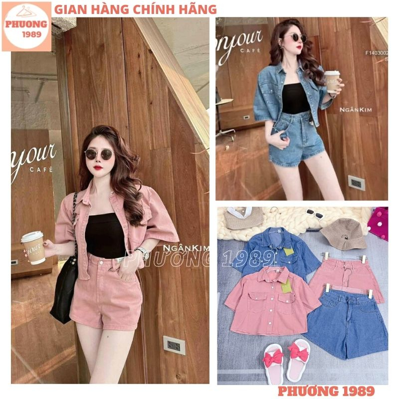 Áo bò croptop túi hộp kèm quần short cạp cao 2 màu xanh hồng, Bộ đùi jean trơn khuy tay ngắn trẻ trung năng động - 1989