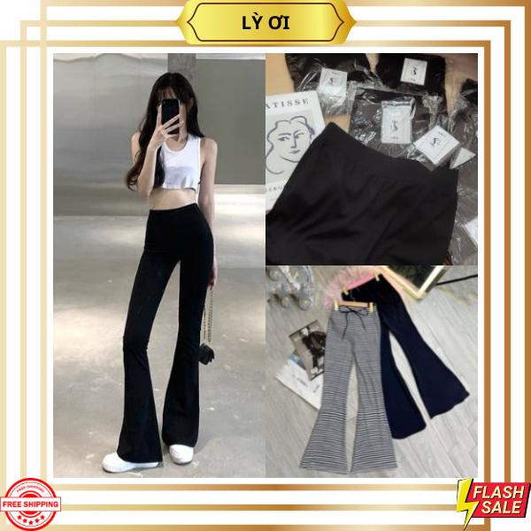 Quần ống loe nữ cạp chun lưng cao vải cotton thun co giãn ,quần ông bas nữ _ Lỳ ơi