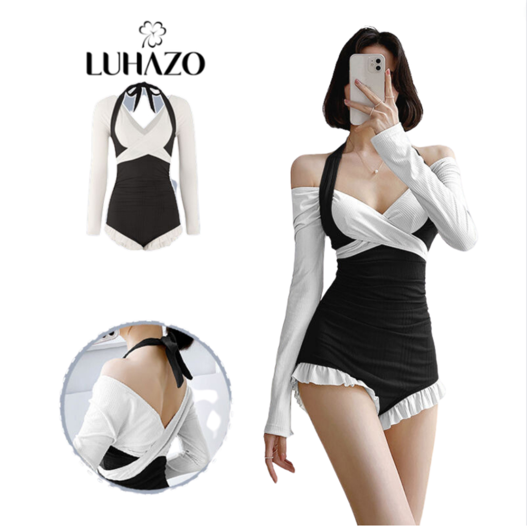 Bikini Đi Biển Nữ 1 Mảnh LUHAZO Liền Thân Tay Dài Chống Nắng Phối Màu Tương Phản Nổi Bật Che Khuyết Điểm 0865 H-1