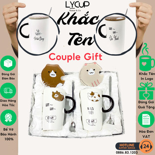 Hộp quà cặp đôi hold me - khắc tên theo yêu cầu ý nghĩa, cốc sứ giữ nhiệt có nắp thìa dung tích 400ml, ly sứ in logo