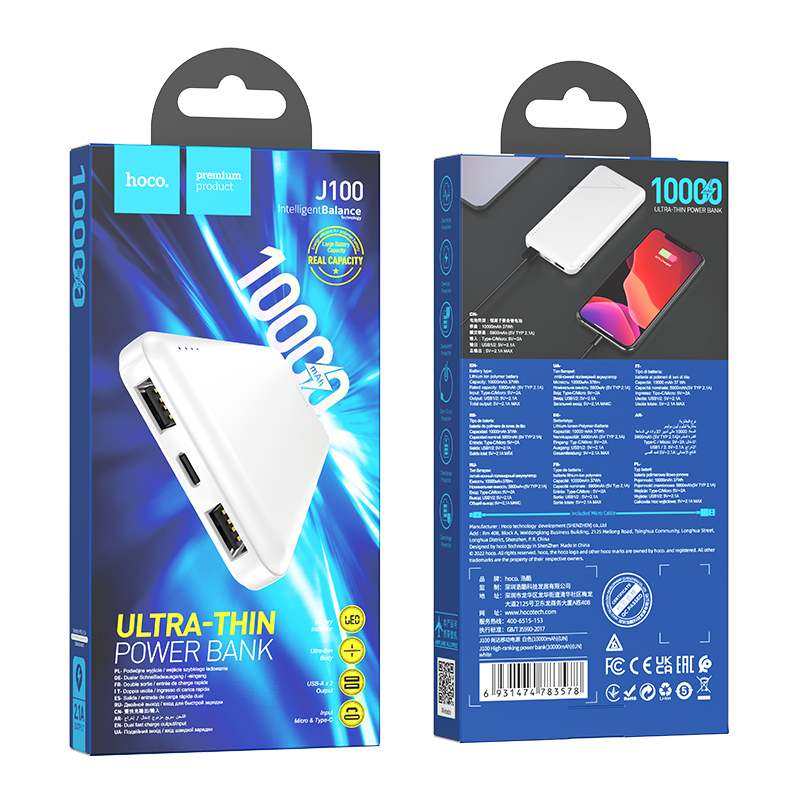 Pin sạc dự phòng Hoco J100 10000mAh max 2.1A tích hợp 2 Input typeC và microUSB (Màu Random) - Phụ Kiện 1986