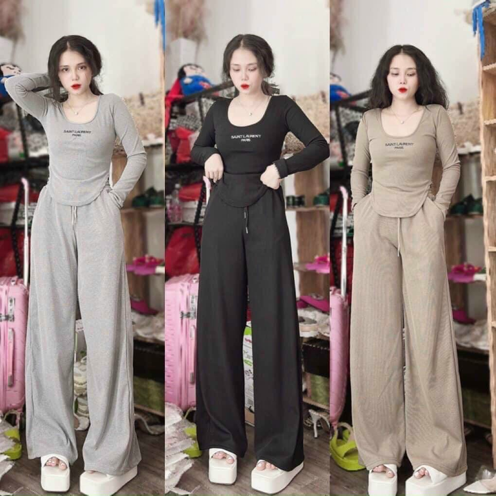 Set bộ thun gân áo tay dài vạt bầu họa tiết chữ mix quần suông siêu tôn dáng cho các nàng diện đi chơi, đi dạo phố