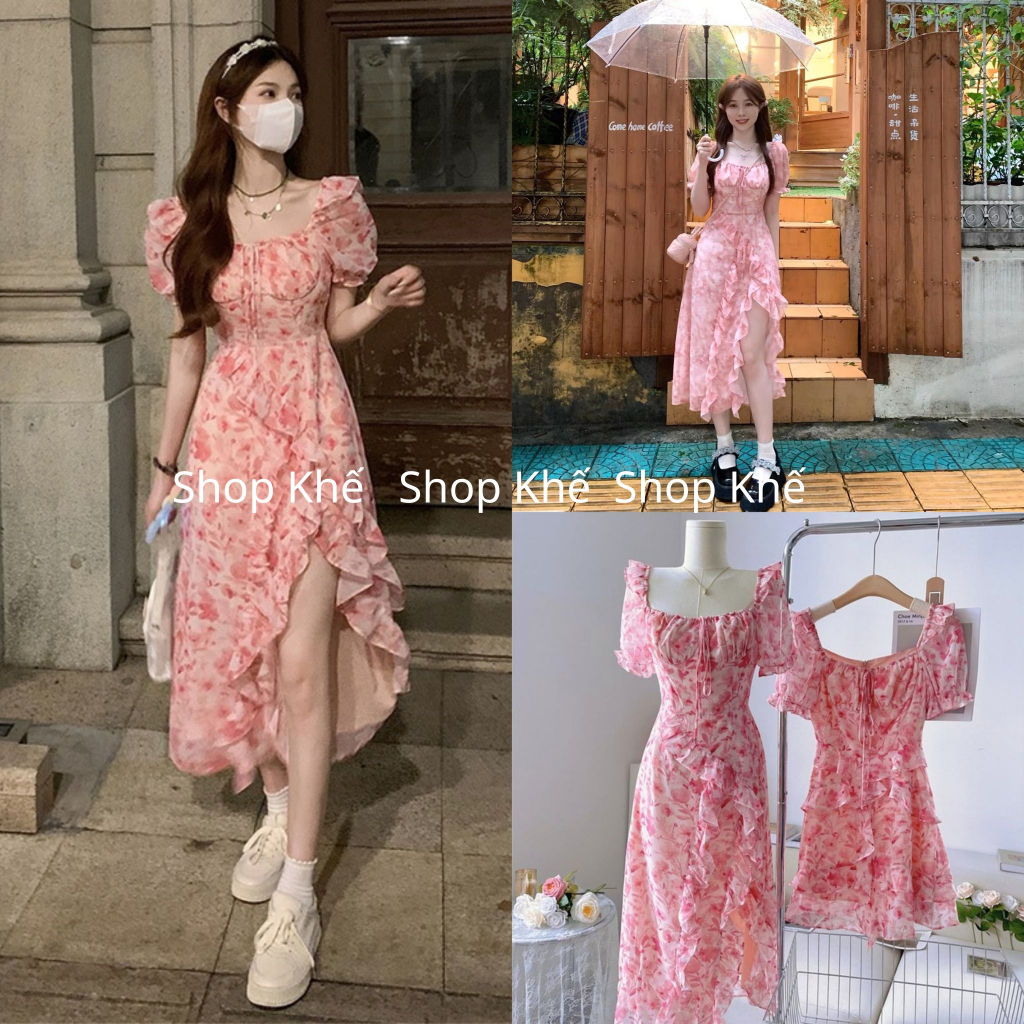 Đầm hoa dáng dài, xẻ đùi cổ vuông phong cách cổ tích, váy dự tiệc, đi biển đi chơi
