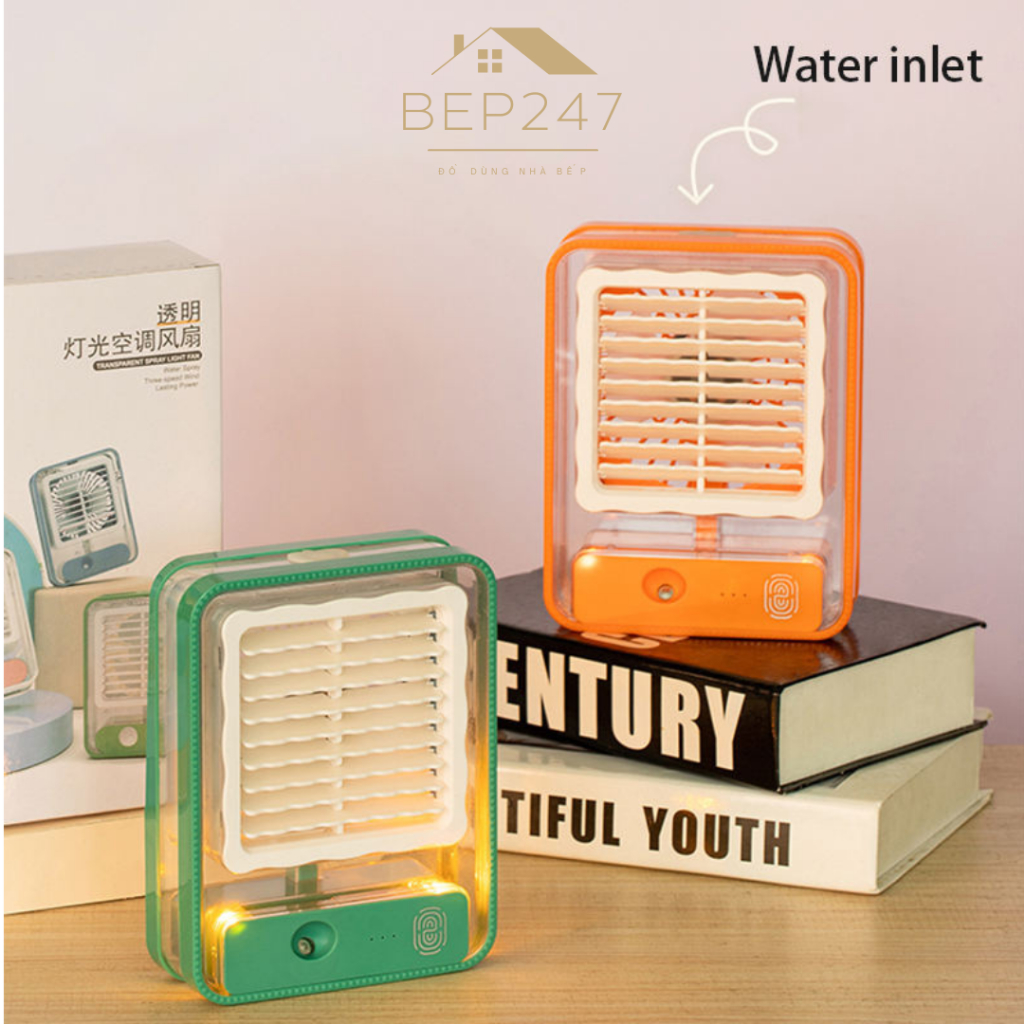 Quạt Điều Hoà Mini Để Bàn Trong Suốt, Quạt Phun Sương Sạc Tích Điện 3 Cấp Độ Gió Dung Tích Bình 300ml, Bảo Hành 6 Tháng