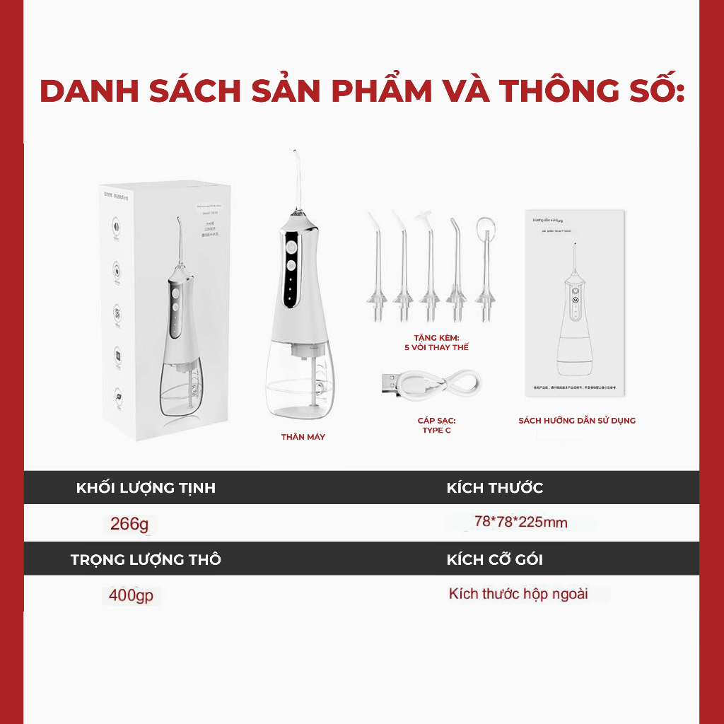 Máy tăm nước KAW cao cấp, máy tăm nước cầm tay công nghệ tia nước sạch X4 Lần, 5đầu xịt làm sạch răng miệng -Aichi House