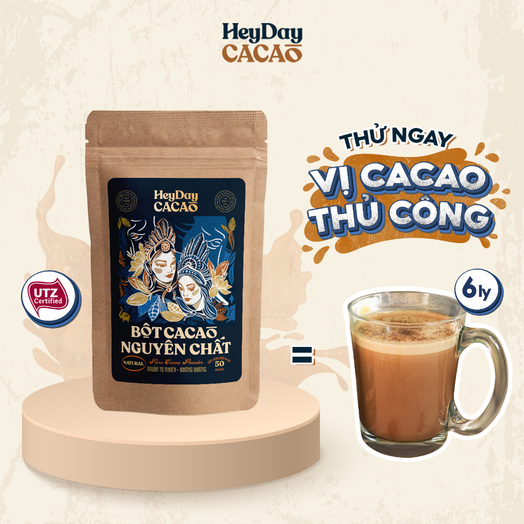 Bột Cacao Nguyên Chất 100% Natural - Không Kiềm Hóa, Chua nhẹ - Túi 50g - Heyday Cacao