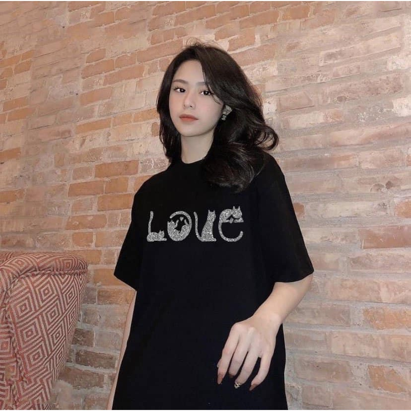 Áo thun tay lỡ LOVE form Unisex in Nhũ Kim tuyến vải cotton cao cấp , áo phông form rộng LOVE
