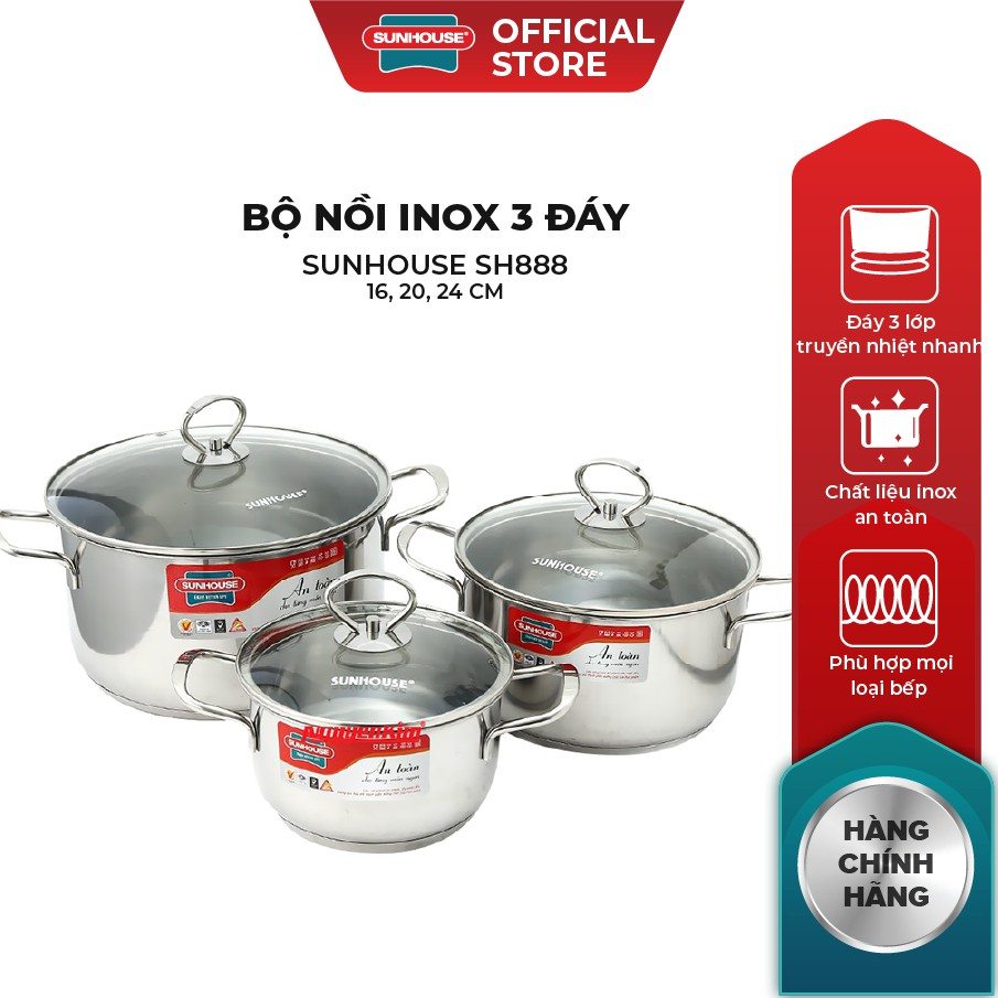 Bộ nồi 3 đáy, đáy từ quai đũa 3 chiếc Sunhouse SH888 (16-20-24cm)