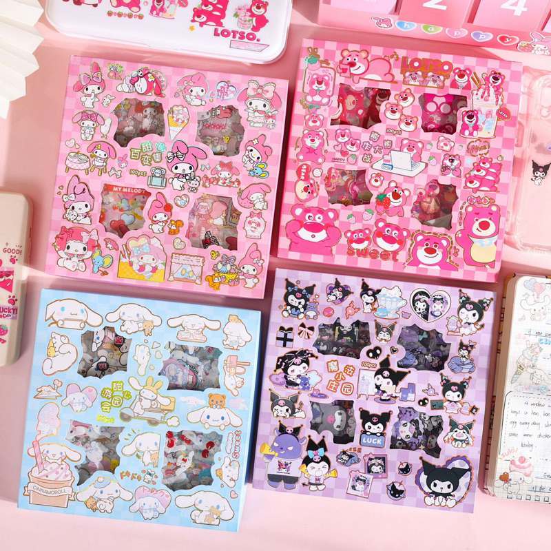 🌸Hộp 100 tấm sticker gấu dâu, kuromi trang trí sổ bìa sách dễ thương🌸