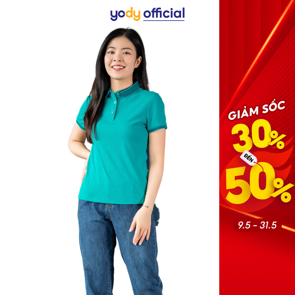 Áo polo cafe dệt tổ ong nữ YODY áo phông có cổ in kẻ basic nhiều màu - APN5416