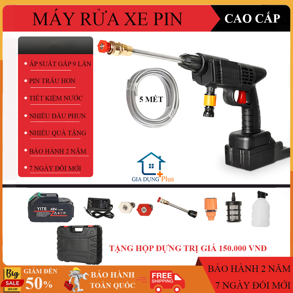 Máy xịt rửa xe mini cao áp, máy xịt rửa nhà cửa sân vườn kèm 2 đầu phun thay thế. Máy rửa xe cầm tay dùng pin cao cấp.