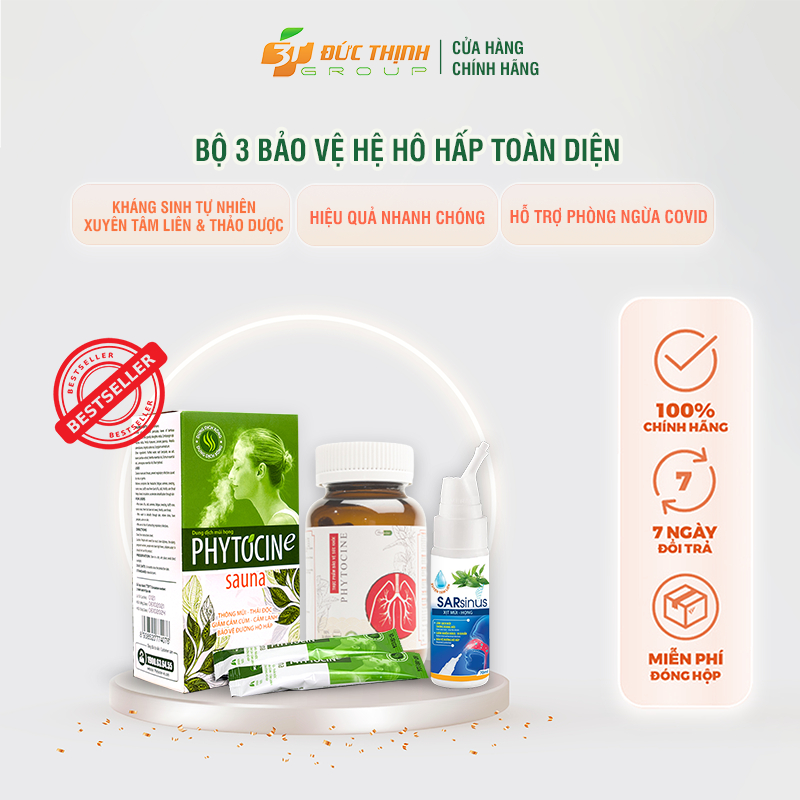 Bộ 3 hỗ trợ hô hấp 3T PHARMA Phytocine 60 viên + Xông Phytocine Sauna 150ml + Xịt họng Sarsinus 70ml