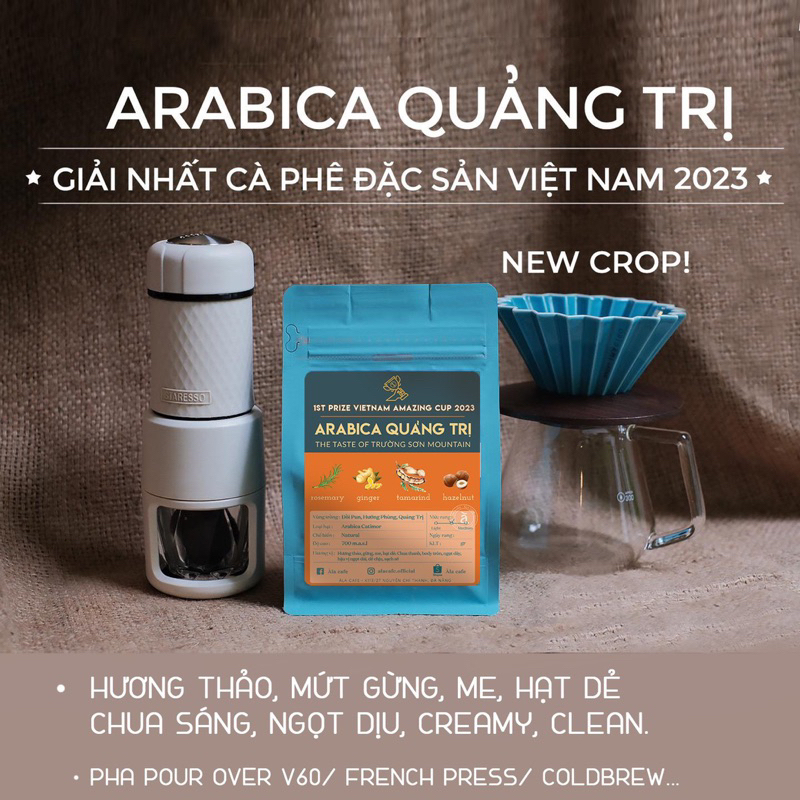 (87,67 CQI) Arabica Natural Quảng Trị mùa 2023 rang Light Medium - Giải Nhất Vietnam Amazing Cup 2023