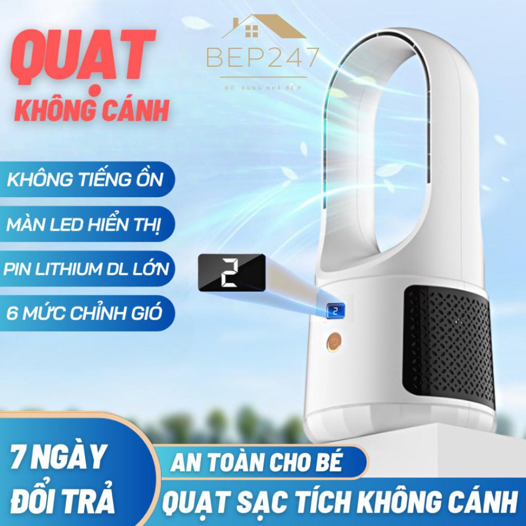 Quạt Tích Điện Để Bàn Không Cánh, Quạt Để Bàn Văn Phòng Sạc USB 6 Chế Độ Màn Hình LED Hiển Thị, Bảo Hành 12 Tháng