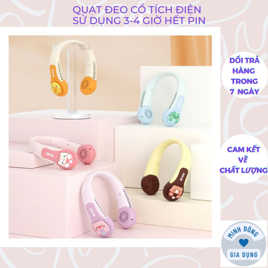 Quạt đeo cổ không cánh hình thú Wind 3D, Quạt mini cute sạc tích điện USB 3 cấp độ gió, hoạt độ bảo hành 12 tháng dd