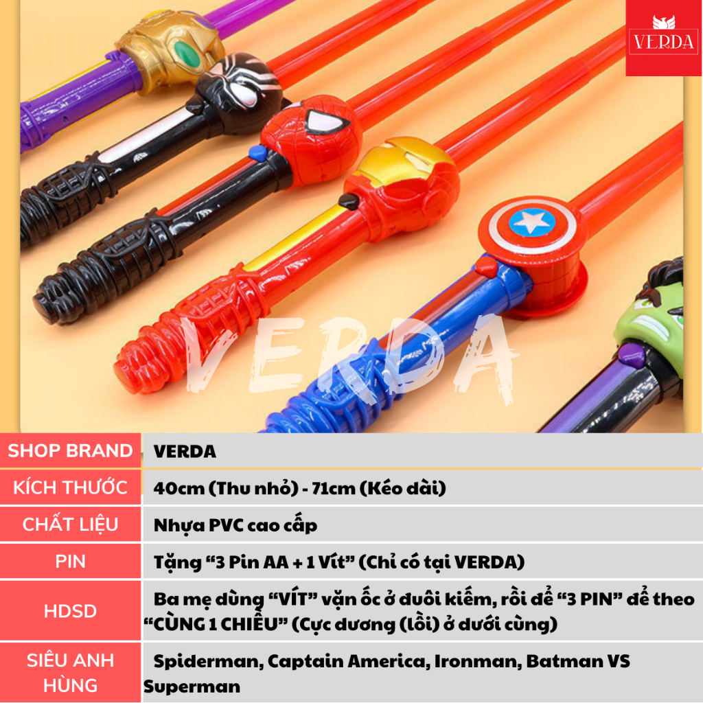 Kiếm siêu nhân người nhện gậy spider man batman dơi sắt phát ánh sáng trẻ em cosplay có đèn led nhạc VERDA