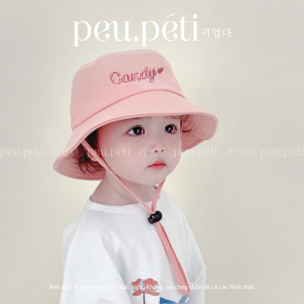 THÊU TÊN mũ bucket vành rộng kèm chống tuột cho bé style Hàn - by Peu.péti