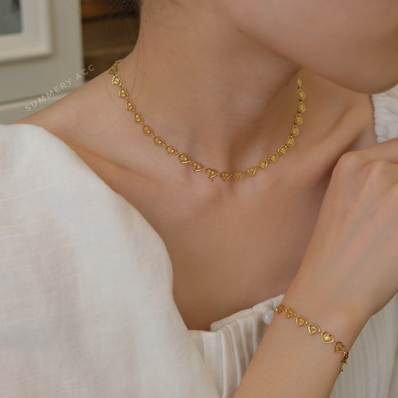 Set vòng cổ vòng tay tim titan SUMMERY x ZUBE STUDIO dây chuyền lắc tay không gỉ mạ vàng 18k