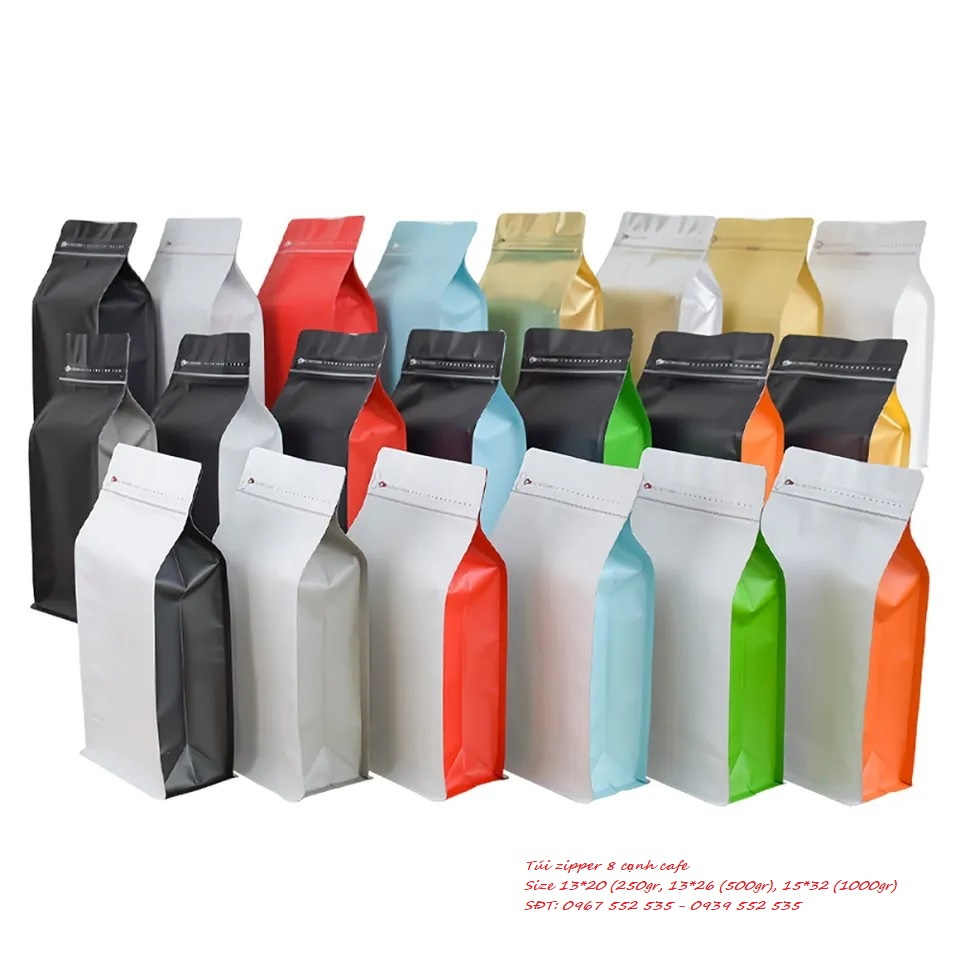 Túi zipper 8 cạnh cafe lệch màu hông/Màu đen/Trắng sữa (250gr, 500gr, 1000gr)