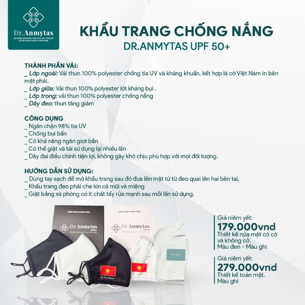 Khẩu trang Dr anmytas chống tia UV UPF50+ ngăn chặn 98% tia UV