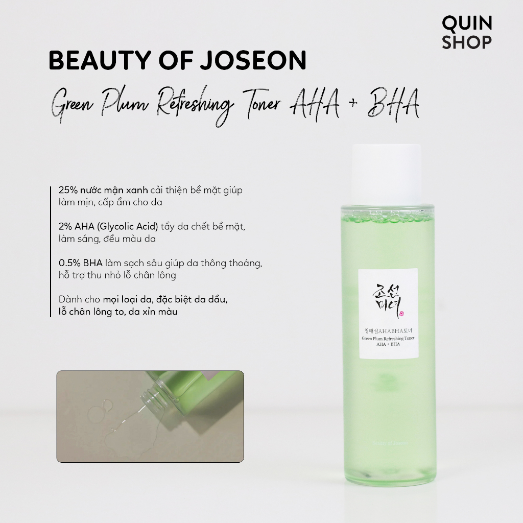 Nước Hoa Hồng Sáng Da, Tẩy Da Chết Beauty Of Joseon Bubble Toner Green Plum + AHA, Green Plum Refreshing Toner AHA + BHA