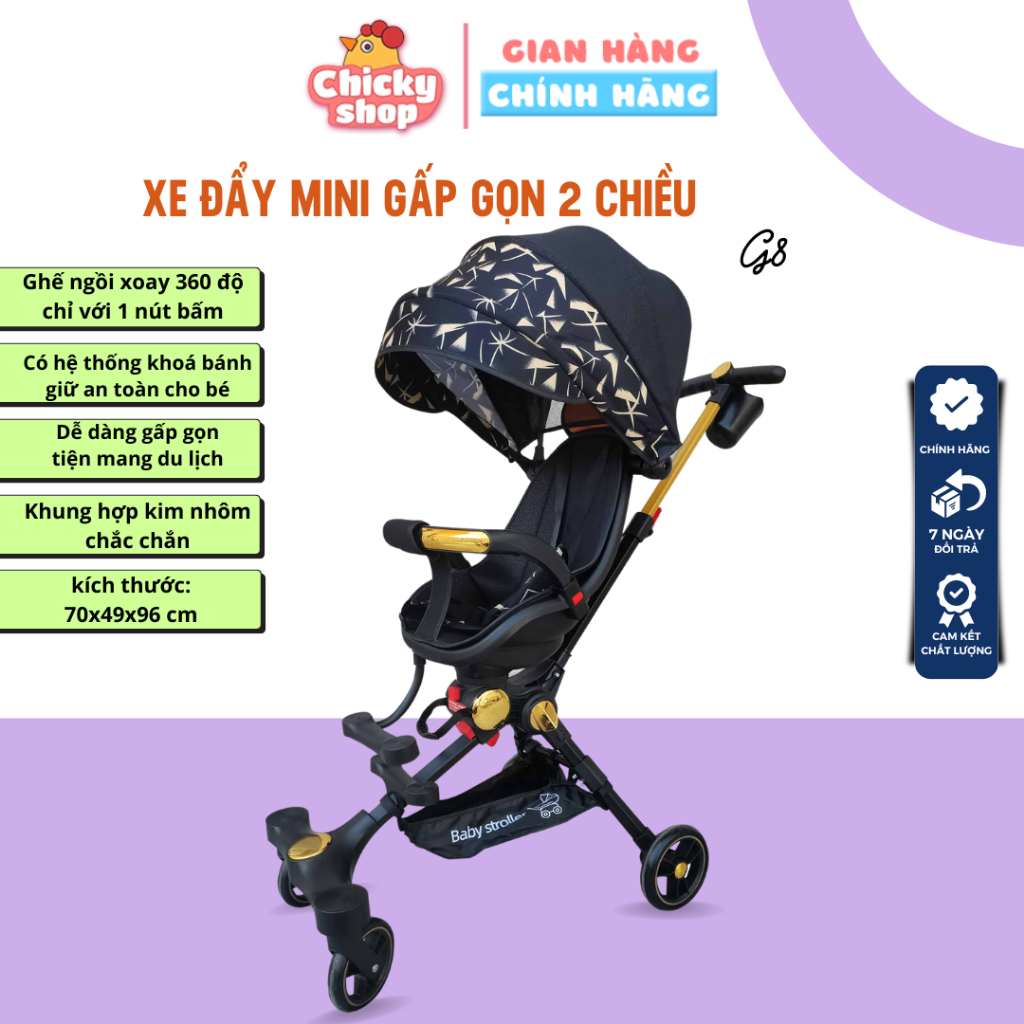 Xe đẩy gấp gọn 2 chiều mini cho bé xoay 360 độ, xe đẩy gấp gọn tiện lợi Kinderkraft G8 Gluck