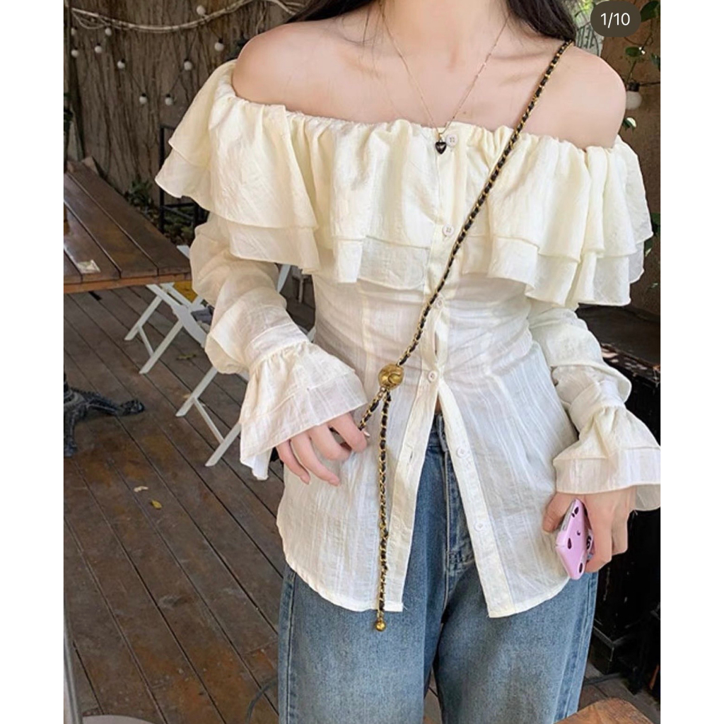 Áo sơ mi trễ vai phối bèo tay dài , Áo Sơmi Kiểu Nữ Dài Tay Trễ Vai Siêu nữ tính