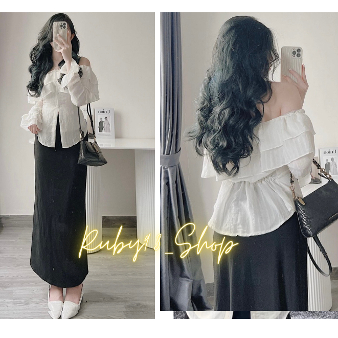 Áo sơ mi trễ vai phối bèo tay dài , Áo Sơmi Kiểu Nữ Dài Tay Trễ Vai Siêu nữ tính