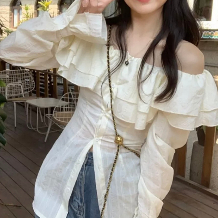 Áo sơ mi trễ vai phối bèo tay dài , Áo Sơmi Kiểu Nữ Dài Tay Trễ Vai Siêu nữ tính