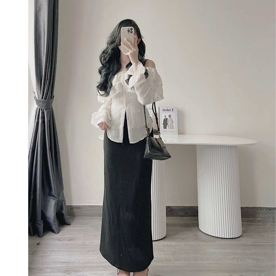 Áo sơ mi trễ vai phối bèo tay dài , Áo Sơmi Kiểu Nữ Dài Tay Trễ Vai Siêu nữ tính