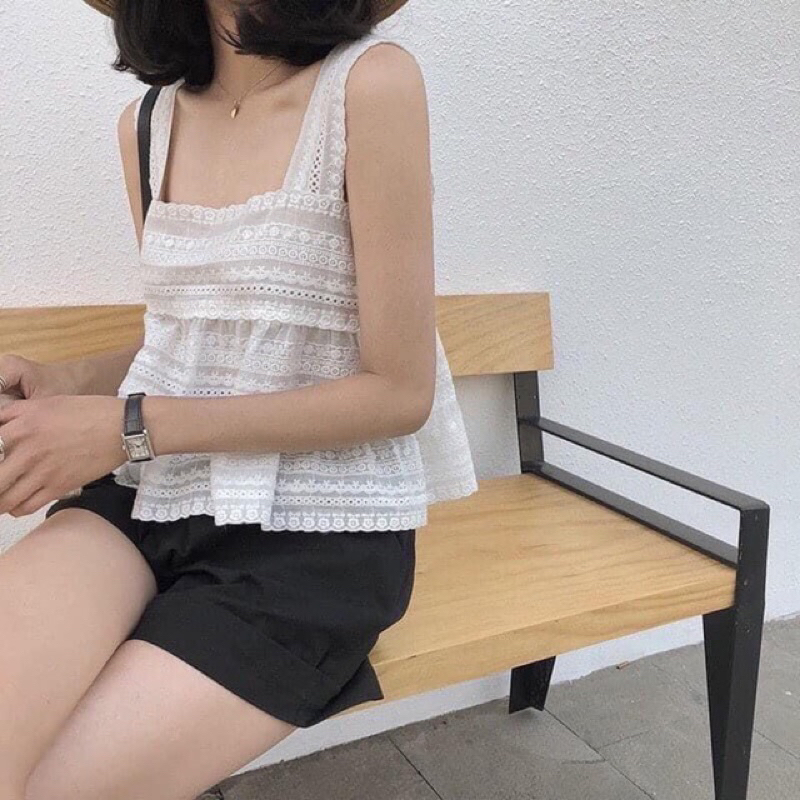 Áo hai dây ren dập lỗ dáng babydoll hàng quảng châu A83
