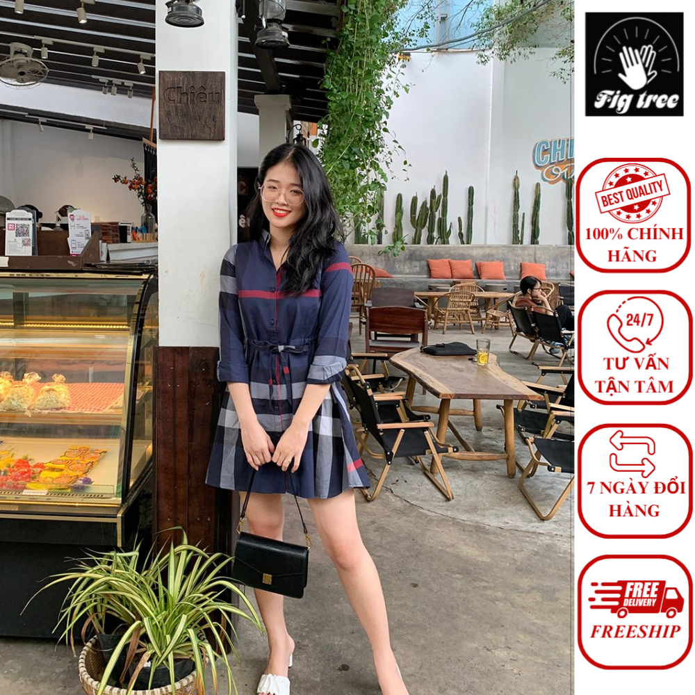 Váy nữ Fig Tree mẫu Buberry xanh đen dáng chữ A , có dây rút điều chỉnh ở eo
