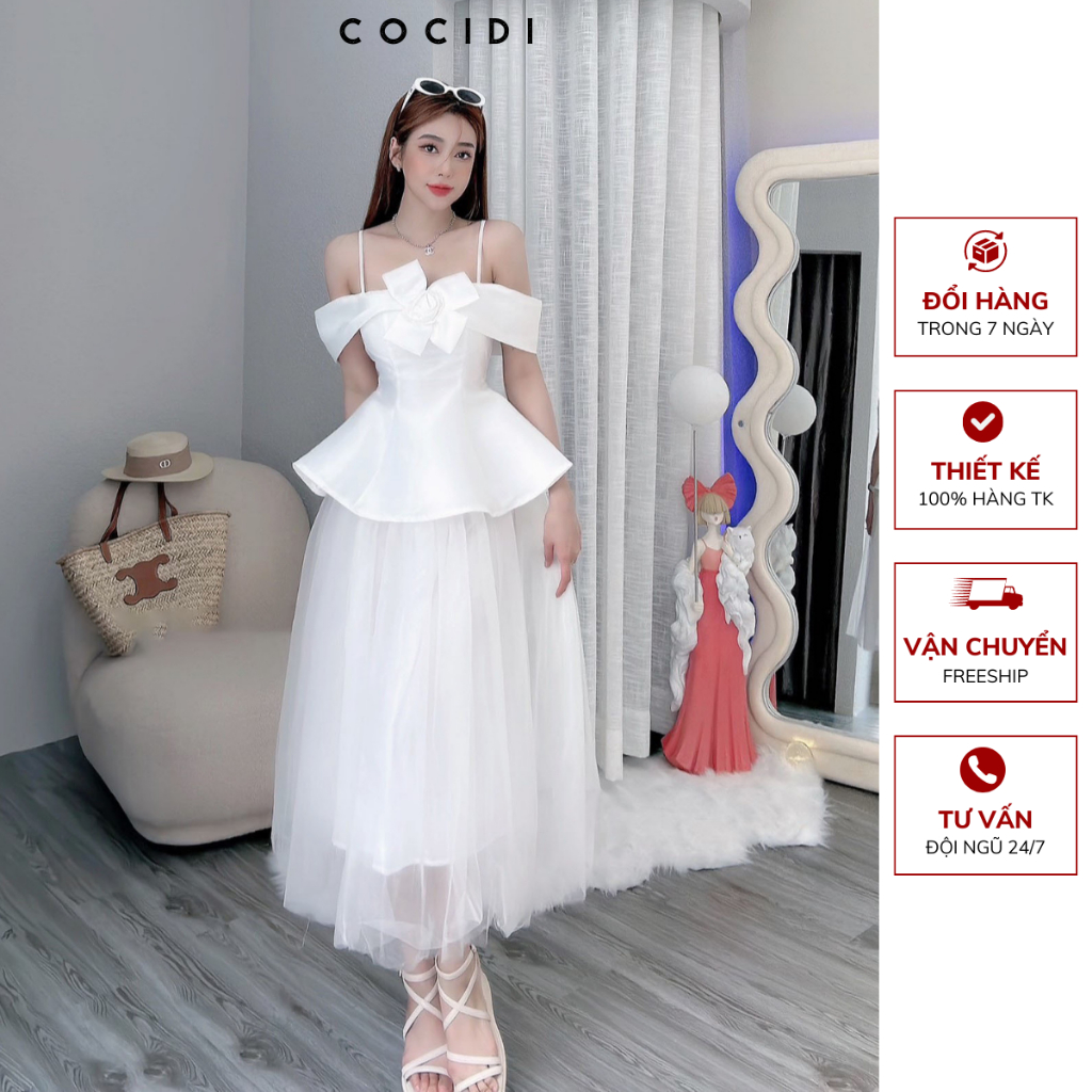 Set váy thiết kế chất liệu Tafta Lưới màu TRẮNG/HỒNG, Đầm dự tiệc thiết kế trễ vai đính nơ ngực chân váy xòe tiểu thư