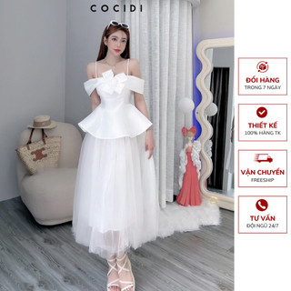 Set váy thiết kế chất liệu Tafta Lưới màu TRẮNG/HỒNG, Đầm dự tiệc thiết kế trễ vai đính nơ ngực chân váy xòe tiểu thư