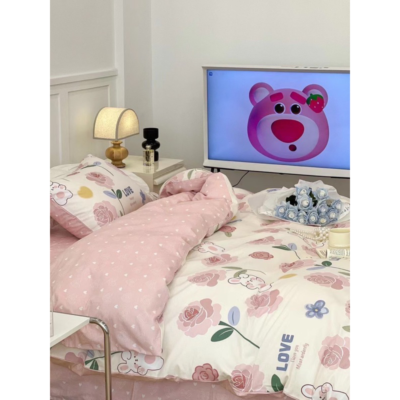Set chăn ga 4 mó cotton living hoa hồng thỏ siêu xinh