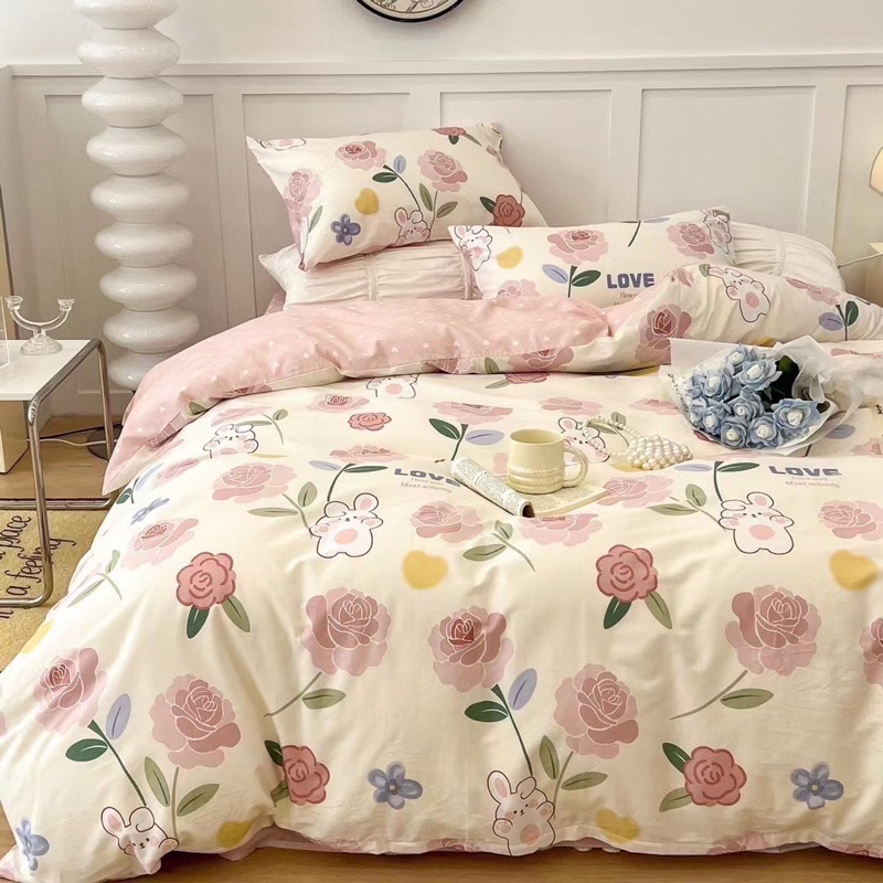 Set chăn ga 4 mó cotton living hoa hồng thỏ siêu xinh