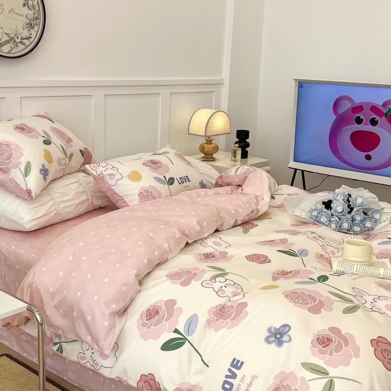 Set chăn ga 4 mó cotton living hoa hồng thỏ siêu xinh