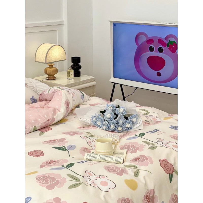 Set chăn ga 4 mó cotton living hoa hồng thỏ siêu xinh