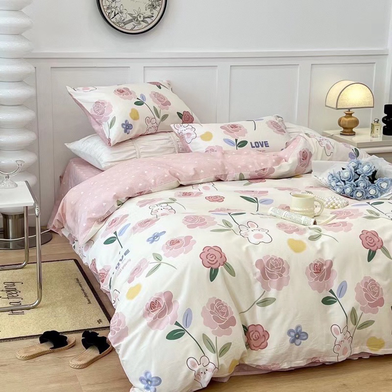 Set chăn ga 4 mó cotton living hoa hồng thỏ siêu xinh