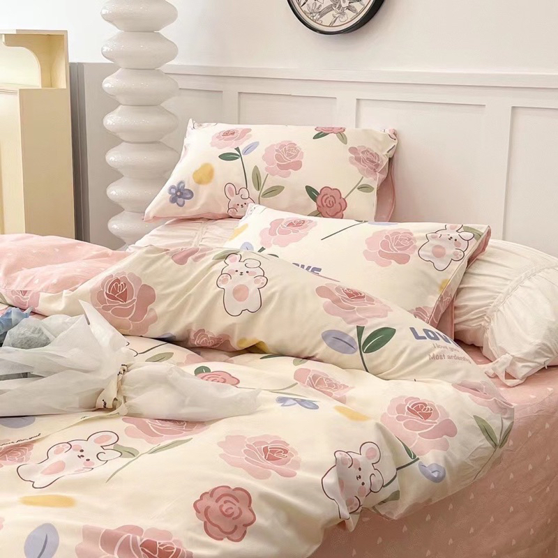 Set chăn ga 4 mó cotton living hoa hồng thỏ siêu xinh