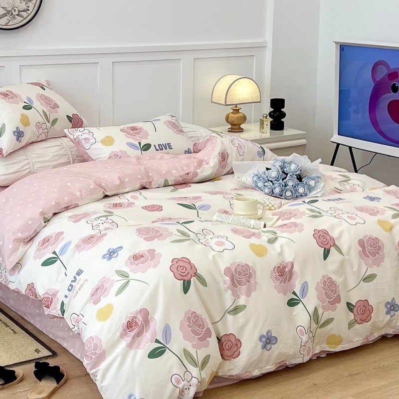 Set chăn ga 4 mó cotton living hoa hồng thỏ siêu xinh