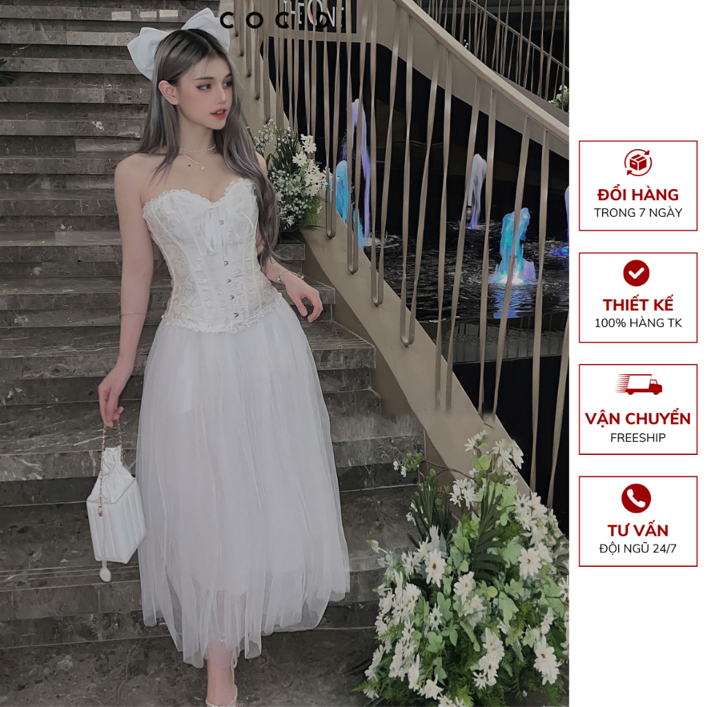 Set váy Corset chất liệu Tafta Lưới màu ĐEN/TRẮNG, Đầm dự tiệc thiết kế cúp ngực đan dây cá tính phù hợp đi chơi đi tiệc