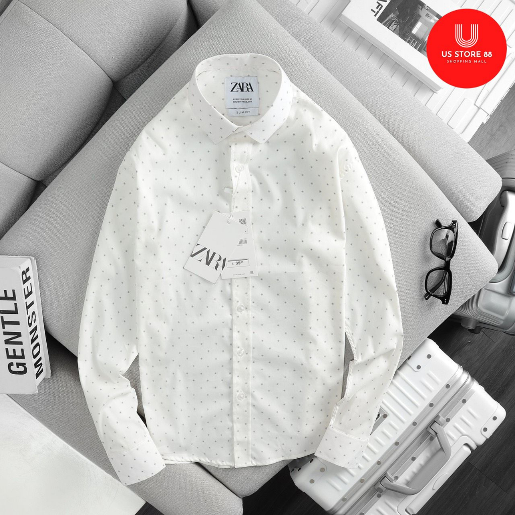 Áo sơ mi nam ZR tay dài họa tiết màu trắng vải cotton lụa xuất khẩu cao cấp