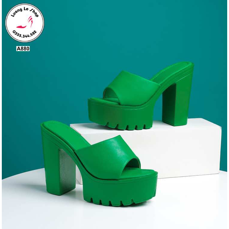 Giày cao gót đế dày 12cm quai ngang hở mũi da lì 3 màu đen xanh kem A880
