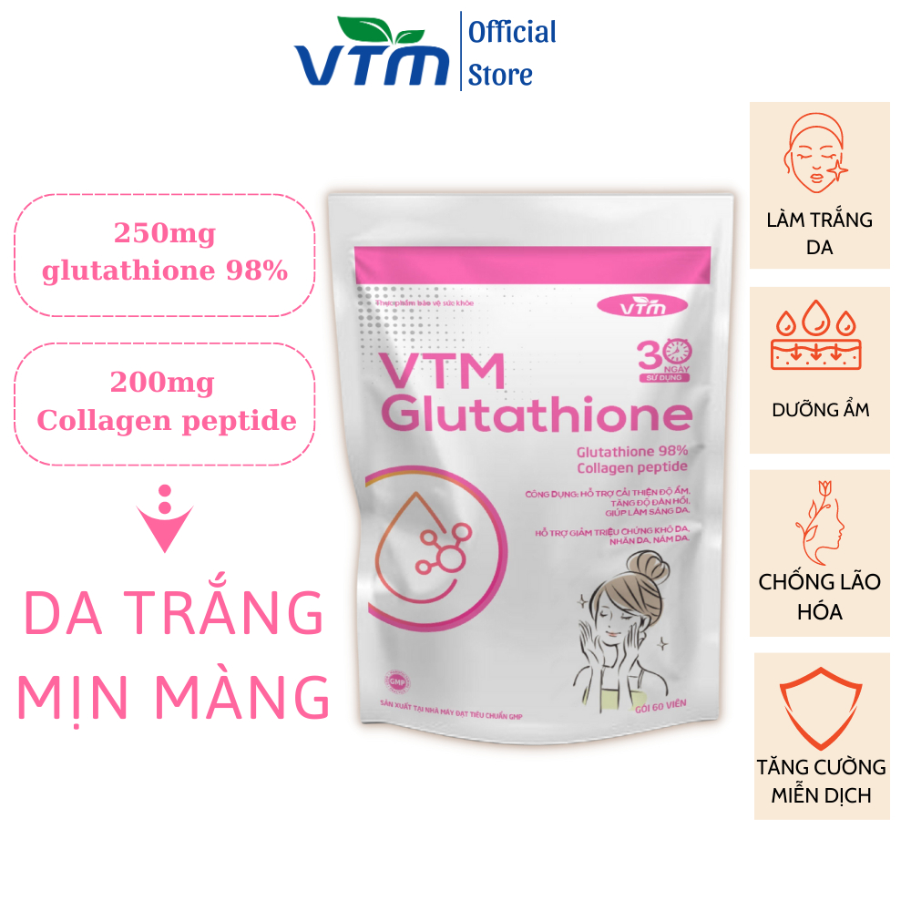 Viên uống VTM Glutathione hỗ trợ làm sáng da, hỗ trợ giảm triệu chứng khô da, nhăn da, nám da - gói 30 ngày