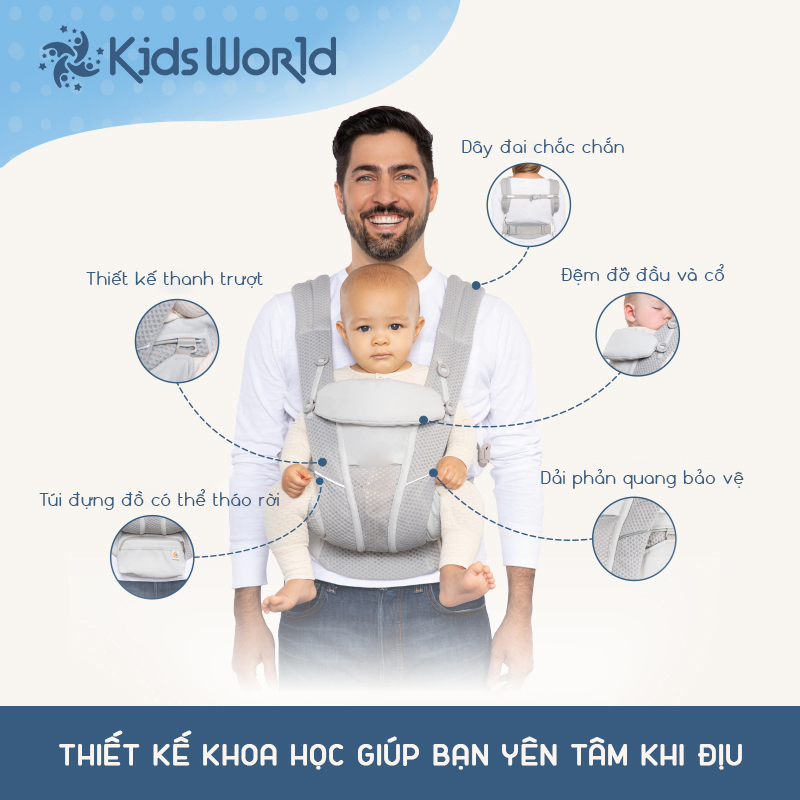 Địu em bé trợ lực thoáng khí KidsWorld Omni Breeze 4 tư thế cho bé sơ sinh đến 4 tuổi có đệm đỡ cổ đỡ đầu mũ che
