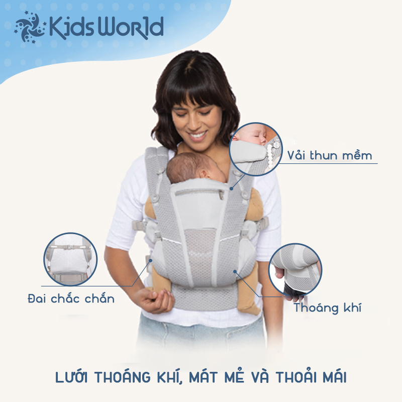 Địu em bé trợ lực thoáng khí KidsWorld Omni Breeze 4 tư thế cho bé sơ sinh đến 4 tuổi có đệm đỡ cổ đỡ đầu mũ che