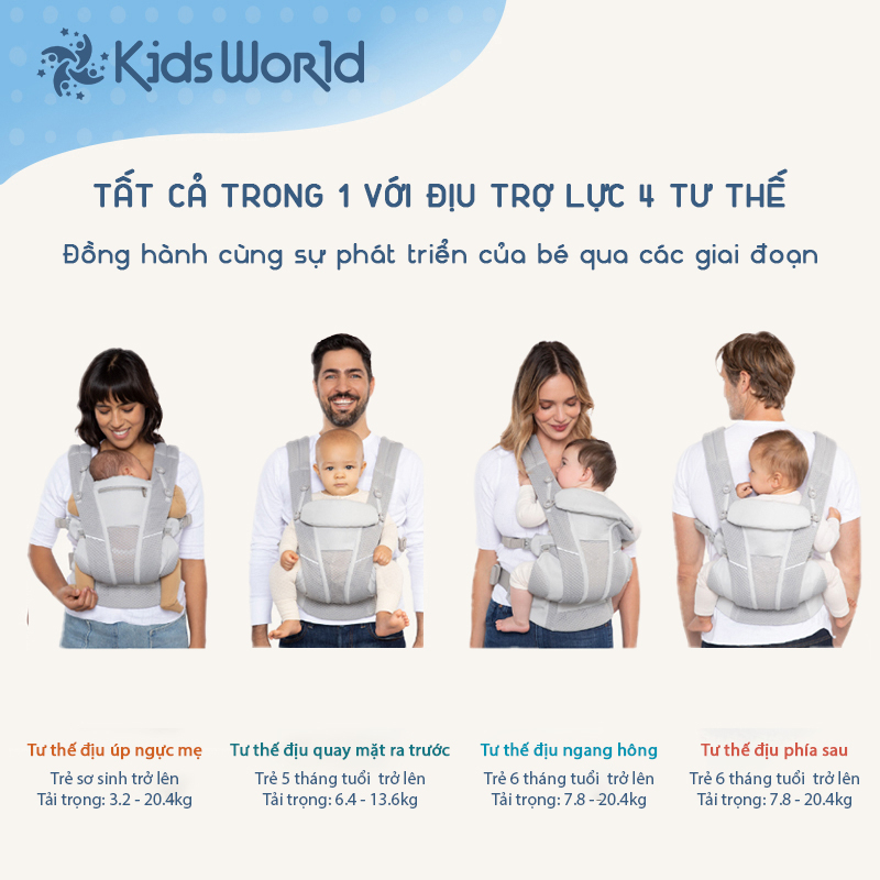 Địu em bé trợ lực thoáng khí KidsWorld Omni Breeze 4 tư thế cho bé sơ sinh đến 4 tuổi có đệm đỡ cổ đỡ đầu mũ che