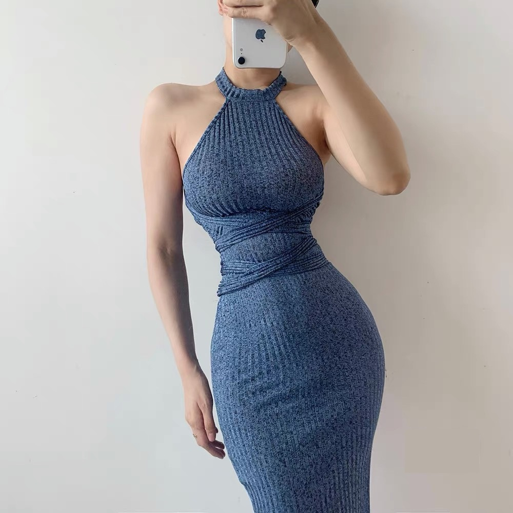 Váy đầm nữ cổ yếm dáng ôm body dài lộ lưng trần gợi cảm quyến rũ sang chảnh đi dự tiệc cưới sự kiện dạ hội LEVAN